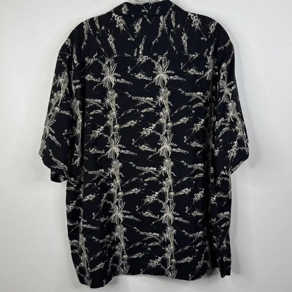 Caribbean Silk Blend Men's XL Black White Hawaiian Palm Tree Camp Shirt